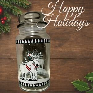 Vintage Christmas Glass Jar | Reindeer Winter Scene | Cozy Rustic Storage